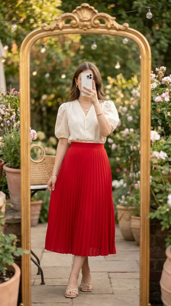 Woman in puff-sleeve top with red pleated long red skirt outfit ideas for this summer in a garden.