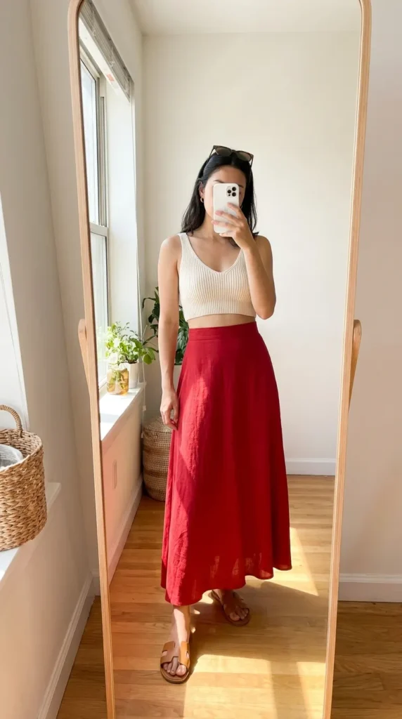 Woman in ribbed crop top and high-waisted long red skirt outfit ideas for this summer with sunglasses.