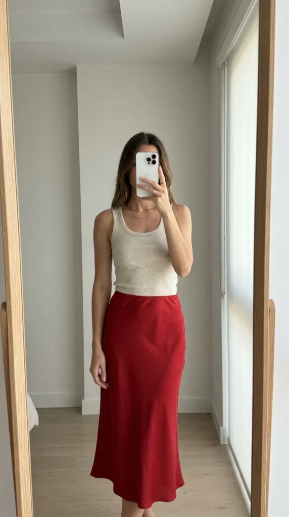 Woman in ribbed tank top with bias-cut long red skirt outfit ideas for this summer in a bright hallway.