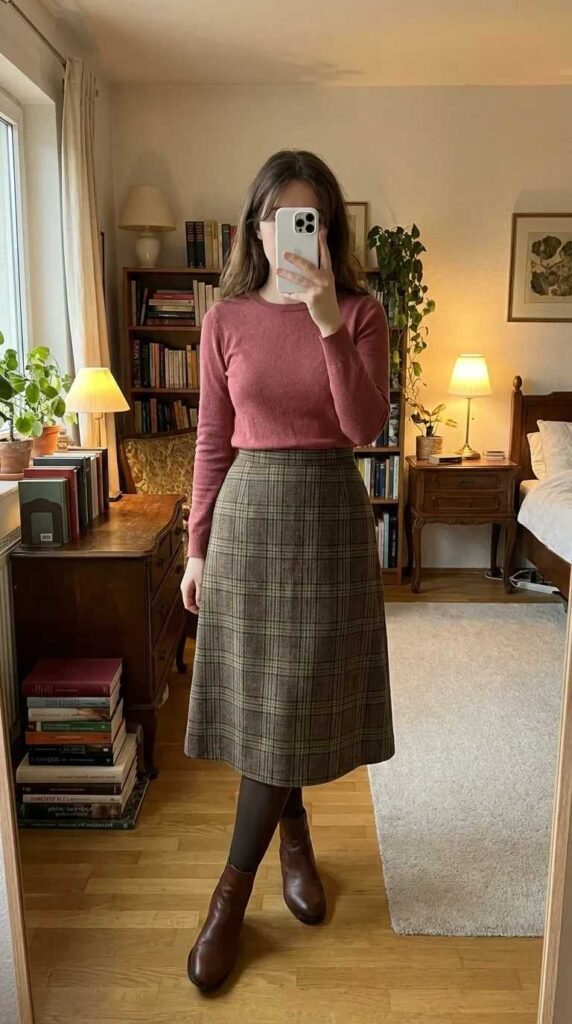 Woman in rose knit top and plaid midi skirt with boots, perfect light pink outfit ideas for fall.