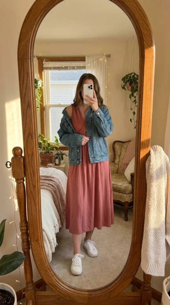Woman in rose midi dress and denim jacket presenting All Pink Fall Outfit Ideas by a bedroom mirror.