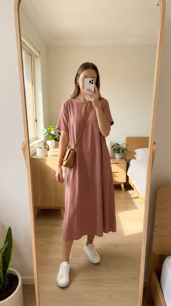 Woman in a rose midi t-shirt dress with white sneakers and crossbody bag, All Pink Summer Outfit Ideas.