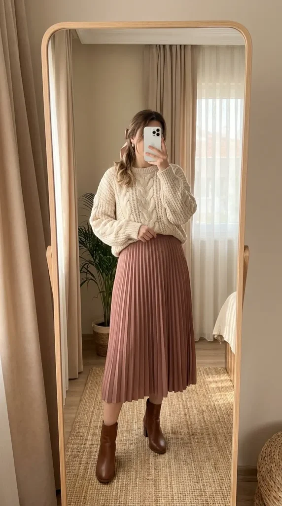 Woman in cream cable-knit sweater with rose pleated midi skirt – All Pink Outfit Ideas for Winter
