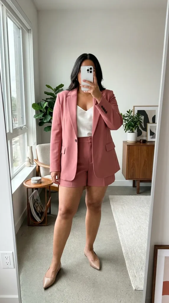 Plus size woman in rose pink blazer and matching shorts, stylish All Pink Outfit Ideas for Plus Size women.