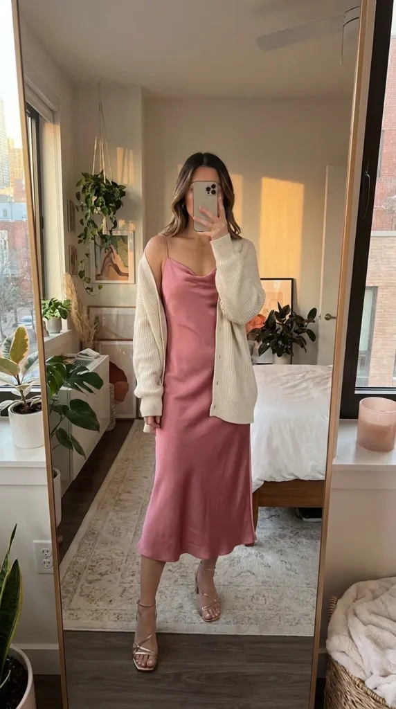 Woman in blush pink blazer and matching trousers with white top – All Pink Outfit Ideas