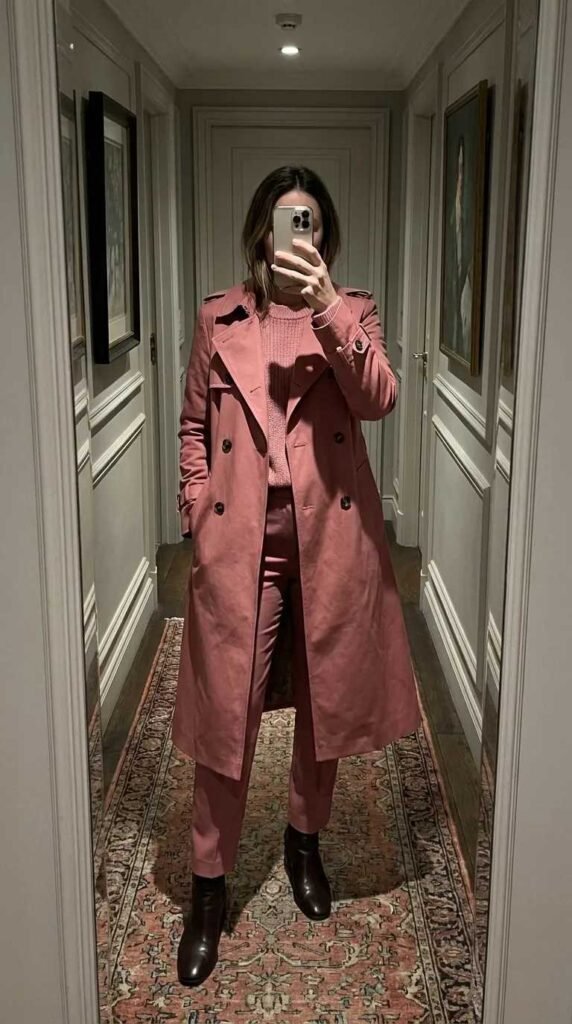 Woman in rose pink trench coat over matching sweater and pants – All Pink Outfit Ideas