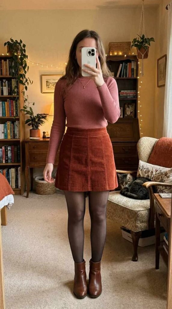 Woman in rose ribbed top and rust corduroy skirt with boots, a cozy light pink outfit idea for fall indoors.
