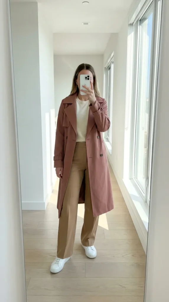 Woman in rose trench coat over neutrals presenting All Pink Fall Outfit Ideas in a bright hallway.