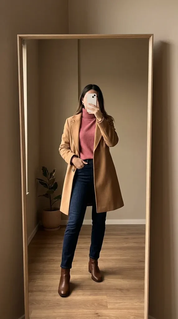 Woman in rose turtleneck under camel coat with dark jeans – classic All Pink Outfit Ideas for Winter