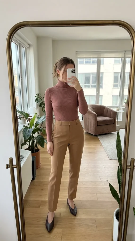 Woman in rose turtleneck and camel trousers with pointed flats, elegant light pink outfit ideas for fall.