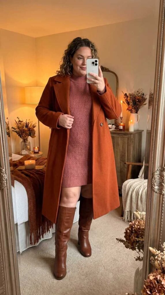 Plus size woman in rosewood pink sweater dress with rust coat, warm All Pink Outfit Ideas for Plus Size women.