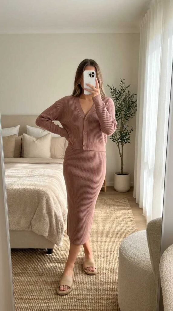 Woman in matching dusty rose knit cardigan and midi skirt set – All Pink Outfit Ideas for Winter