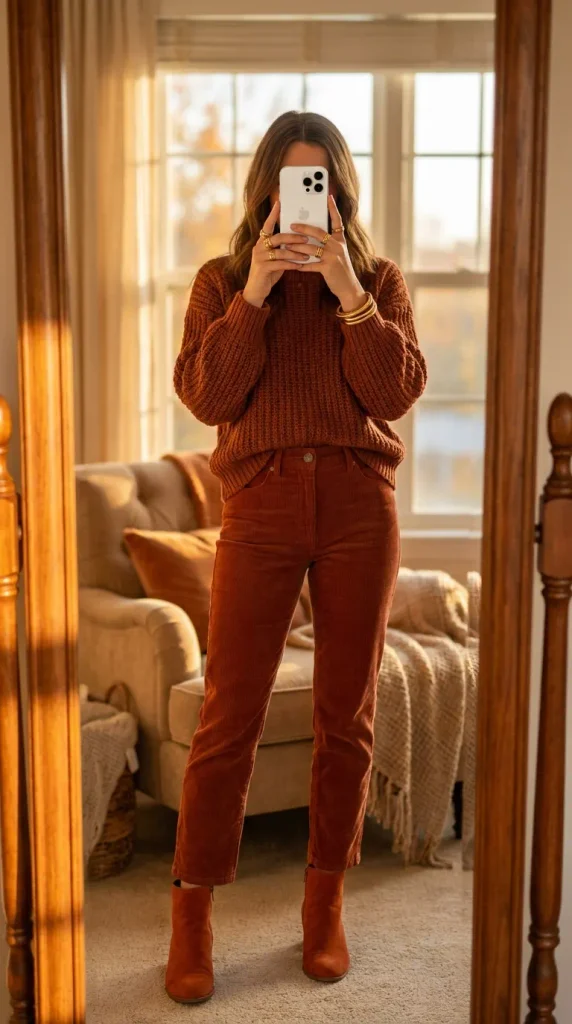 Woman in rust knit sweater, corduroy pants & boots capturing warm Fall Monochrome Outfit Ideas.