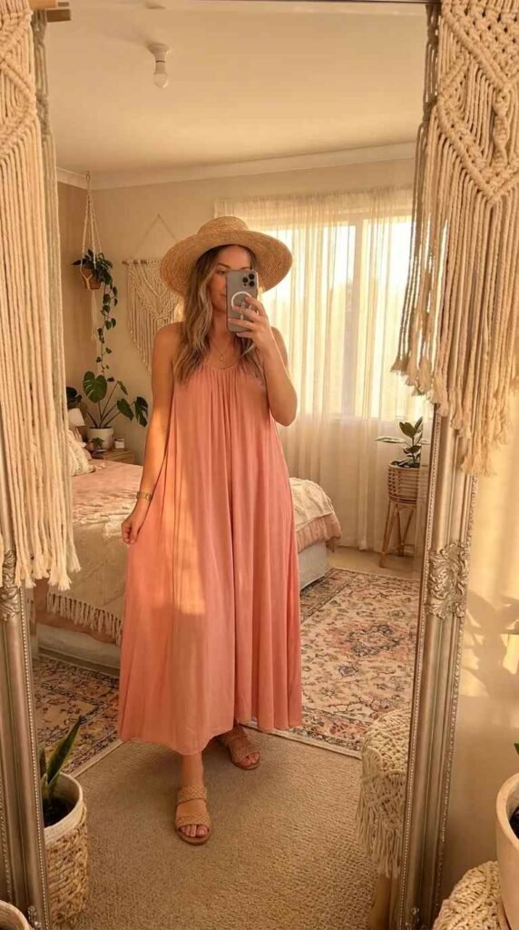 Woman in flowing salmon pink maxi dress and straw hat posing for mirror selfie – All Pink Outfit Ideas