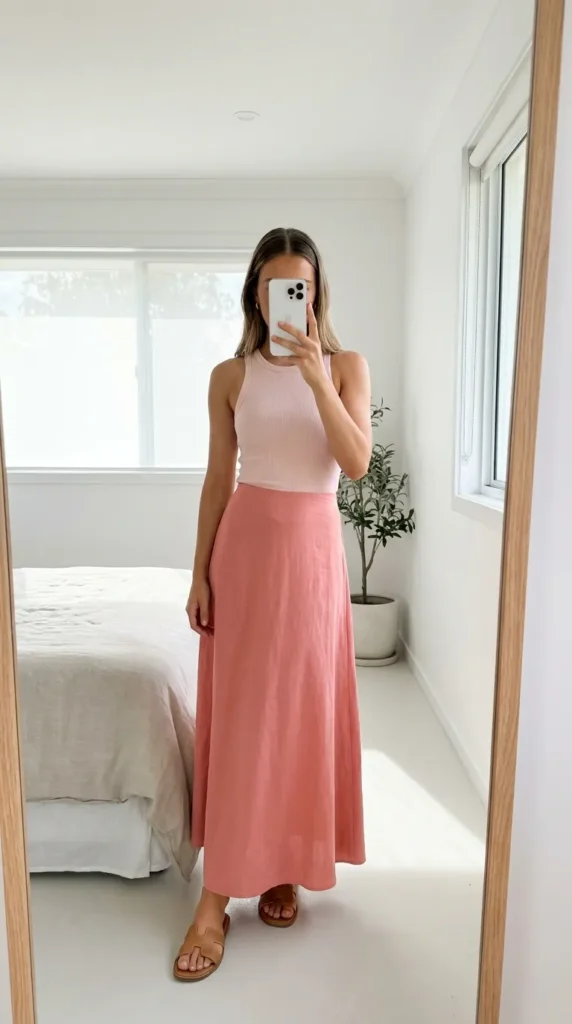Woman in a light pink tank and salmon pink maxi skirt with sandals, All Pink Summer Outfit Ideas.