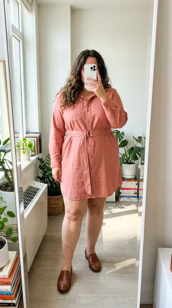 Plus size woman in salmon pink shirt dress with loafers, smart All Pink Outfit Ideas for Plus Size women.