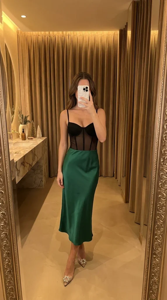 Woman in structured bodysuit and green satin midi skirt with heels for New Year Outfit Ideas Parties.