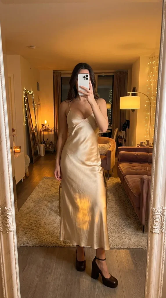 Silky New Year Eve Outfit Ideas for Women featuring champagne satin slip dress and chunky heels.