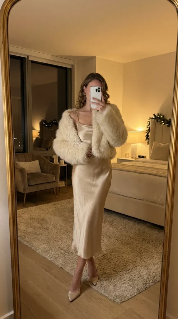 Woman in satin slip dress with cropped faux fur jacket and heels for New Year Outfit Ideas Parties.