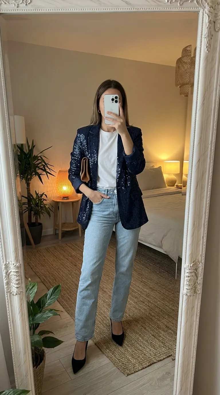 Sparkly New Year Eve Outfit Ideas for Women featuring navy sequin blazer, white tee, light jeans and heels.