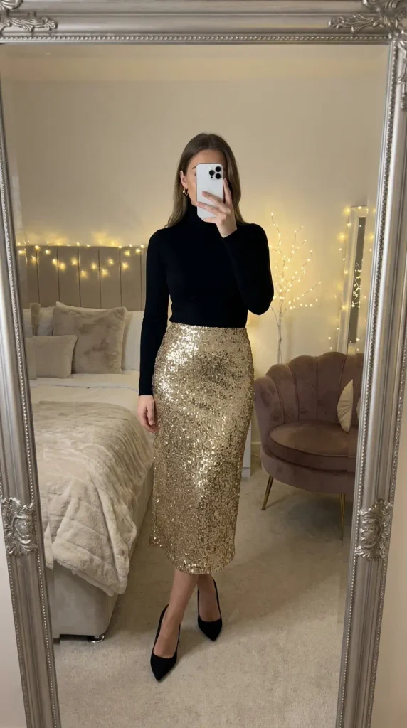 Shiny New Year Eve Outfit Ideas for Women showcasing black turtleneck and gold sequin midi skirt.