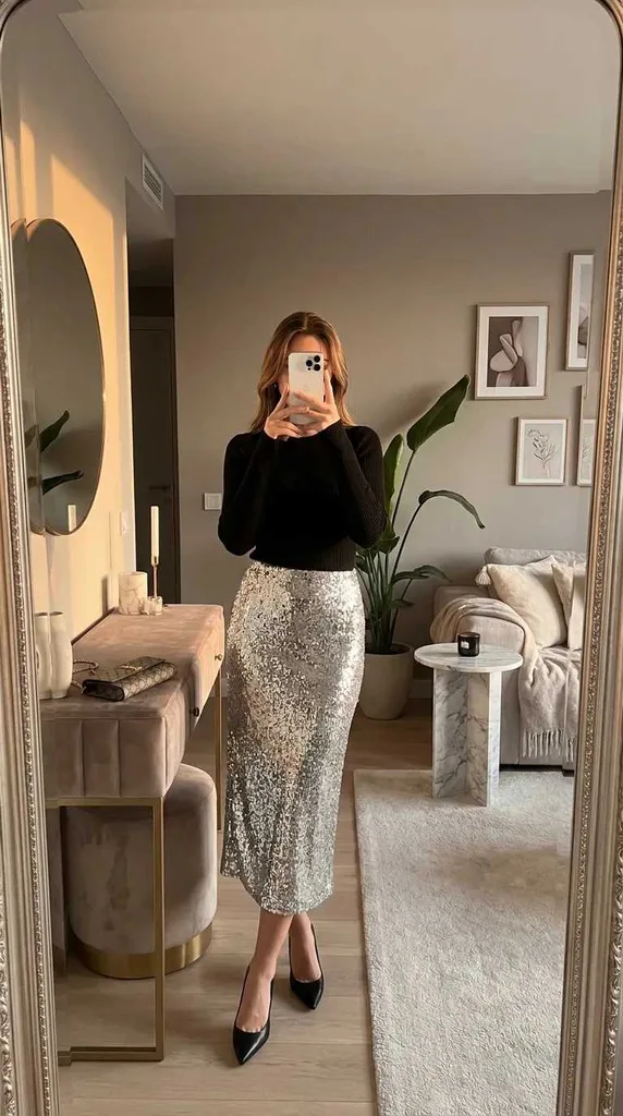 Woman in black fitted knit top and silver sequin midi skirt with heels for New Year Outfit Ideas Parties.