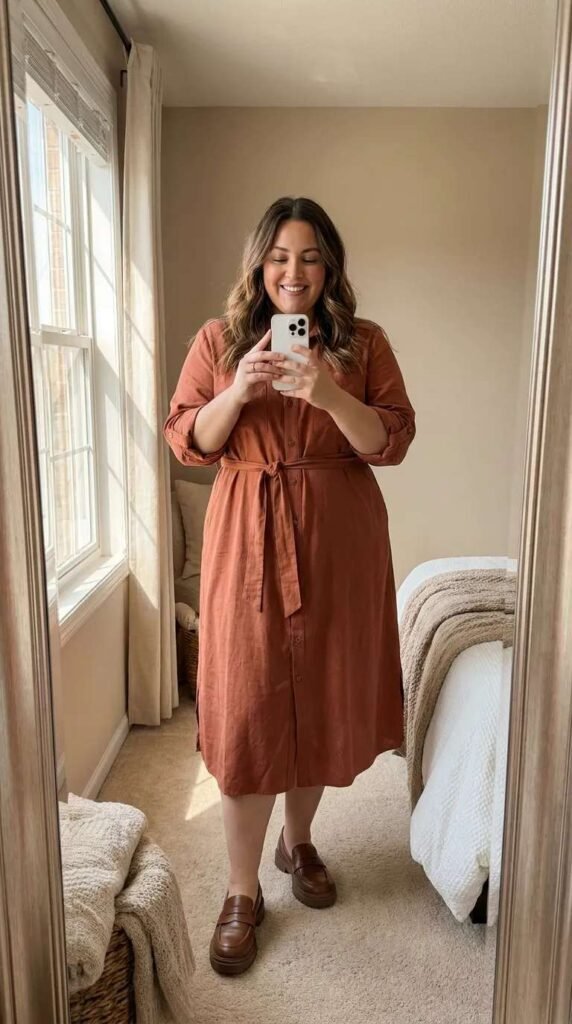 Plus-size woman in belted rust shirt dress showing business casual outfit ideas for plus size women.