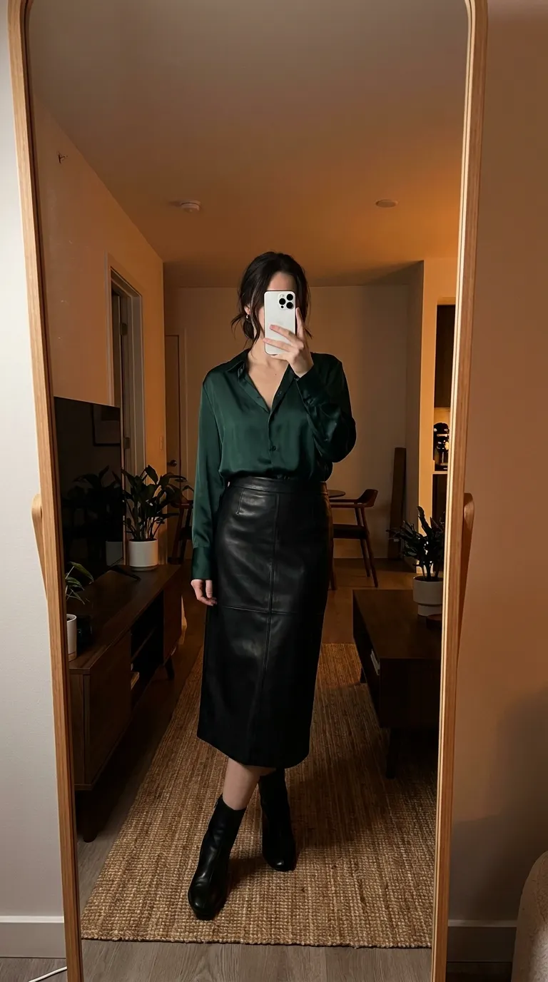 Polished New Year Eve Outfit Ideas for Women in emerald silk blouse and black leather midi skirt.