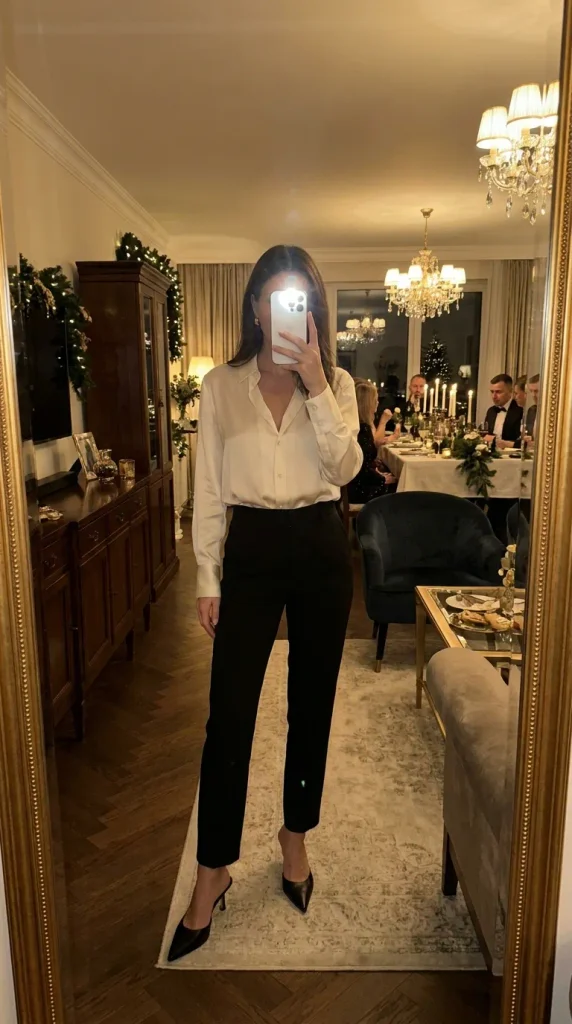 Woman in silk blouse, tailored black trousers and heels for New Year Outfit Ideas Parties.