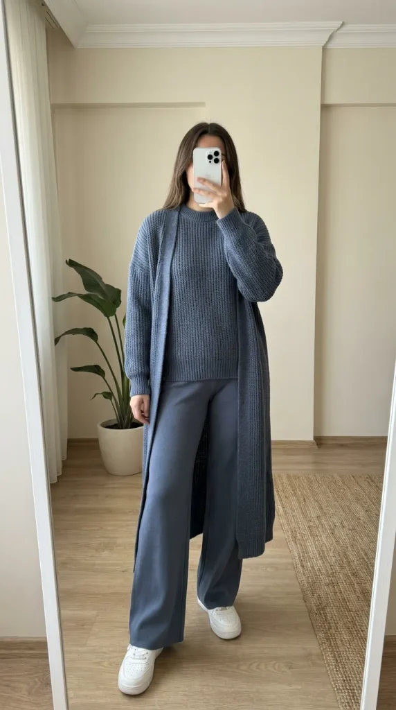Woman in slate blue cardigan, sweater, pants & sneakers for cozy Fall Monochrome Outfit Ideas.