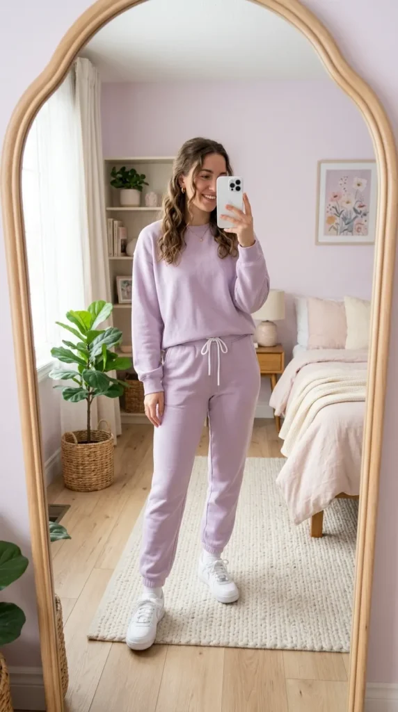 Woman in lavender sweatshirt and joggers smiling in mirror selfie. Monochrome Outfit Ideas That Make Getting Dressed Ridiculously Easy