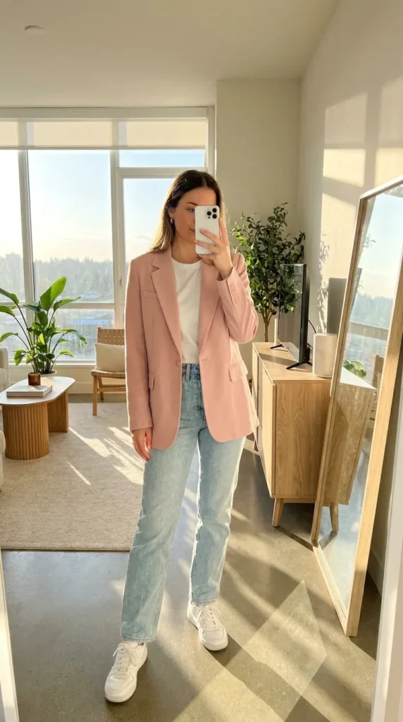 Woman in soft pink blazer over white tee with light jeans, casual light pink outfit ideas for fall.