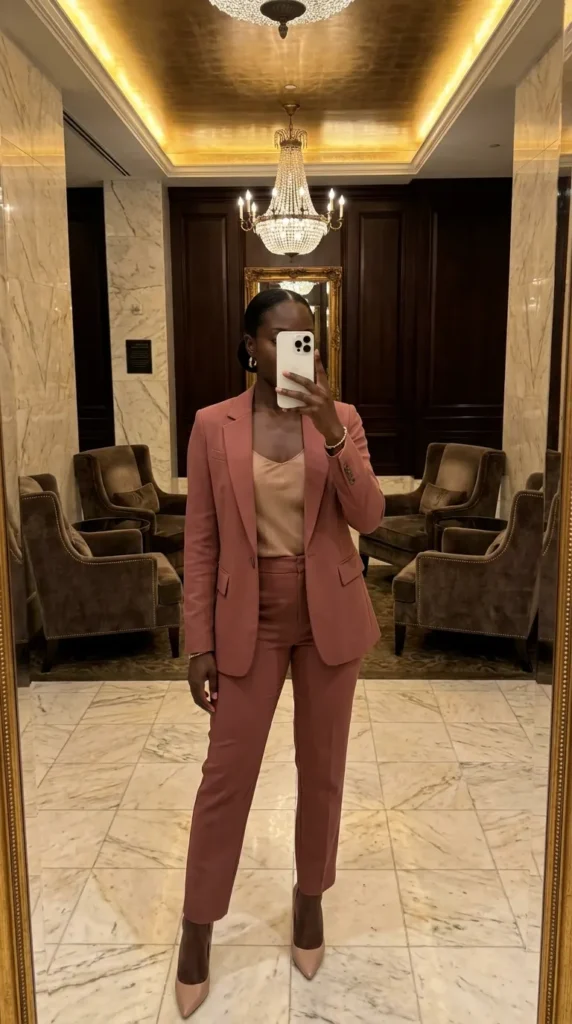 Black woman in soft pink blazer and matching trousers power suit – All Pink Outfit Ideas for Black Women