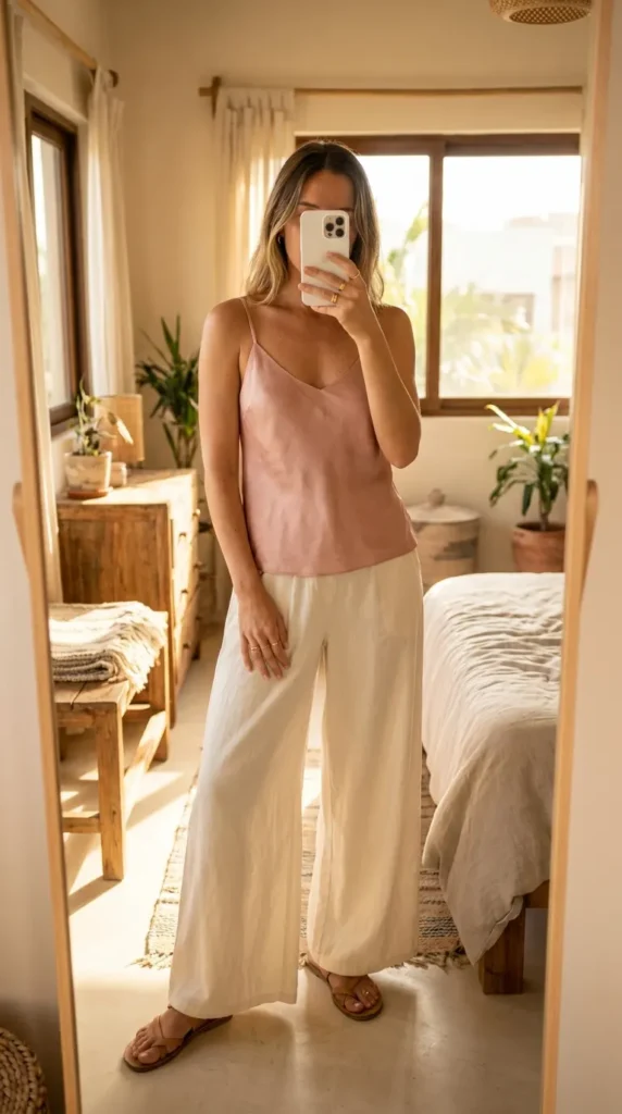 Woman in soft pink cami top and cream flowy pants, breezy Light Pink Outfit Ideas for Summer.