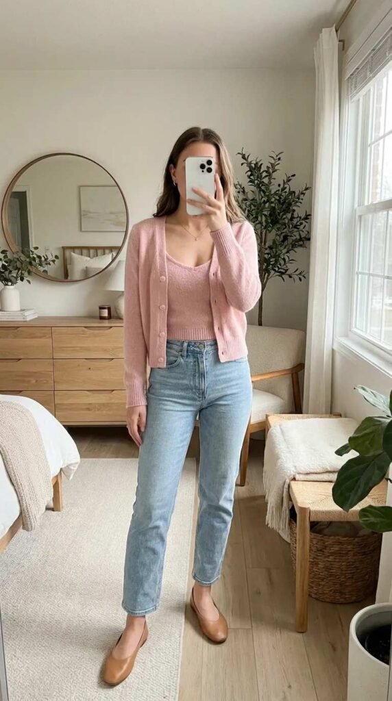Woman in soft pink cardigan set with light jeans and flats, stylish light pink outfit ideas for fall.