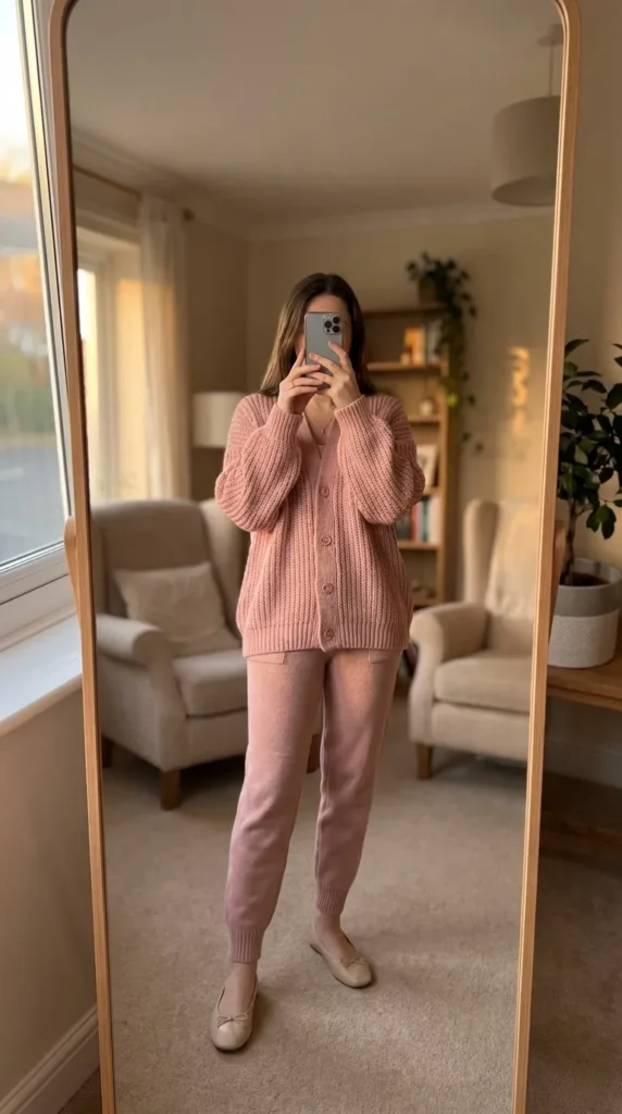 Woman in soft pink chunky cardigan and matching trousers – All Pink Outfit Ideas