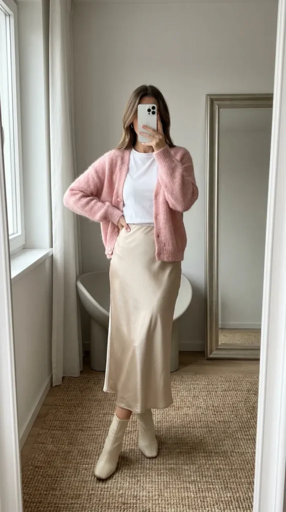 Light Pink Outfit Ideas for Winter with a soft pink cardigan, white tee, satin midi skirt and boots.