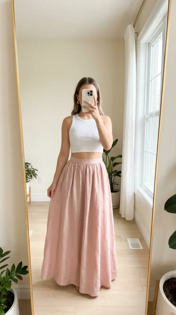 Woman in white crop top and soft pink maxi skirt, elegant Light Pink Outfit Ideas for Summer.