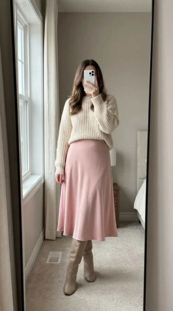Light Pink Outfit Ideas for Winter featuring a cream chunky knit, soft pink midi skirt and boots.