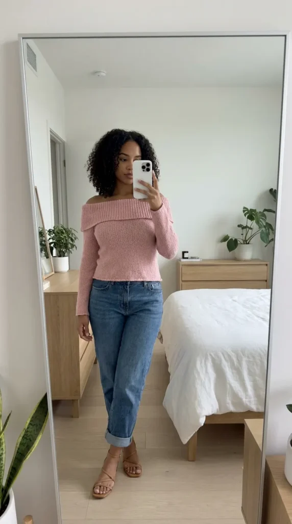 Woman in soft pink off-shoulder sweater and blue jeans, cozy Light Pink Outfit Ideas for Summer.