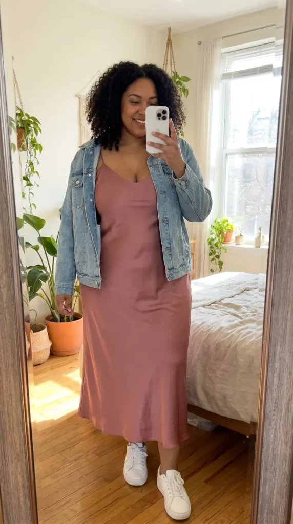 Plus size woman in soft pink slip dress with denim jacket, cool All Pink Outfit Ideas for Plus Size women.