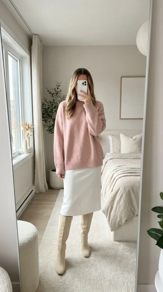 Light Pink Outfit Ideas for Winter in a soft pink sweatshirt, white midi skirt and tall cream boots.