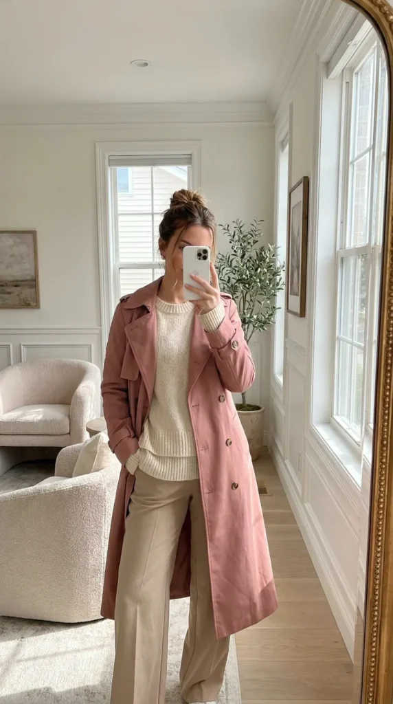 Woman in soft pink trench over cream knit and wide pants, refined light pink outfit ideas for fall.