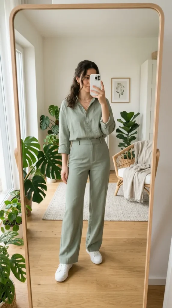 Woman in sage green shirt and matching trousers taking mirror selfie. Monochrome Outfit Ideas That Make Getting Dressed Ridiculously Easy
