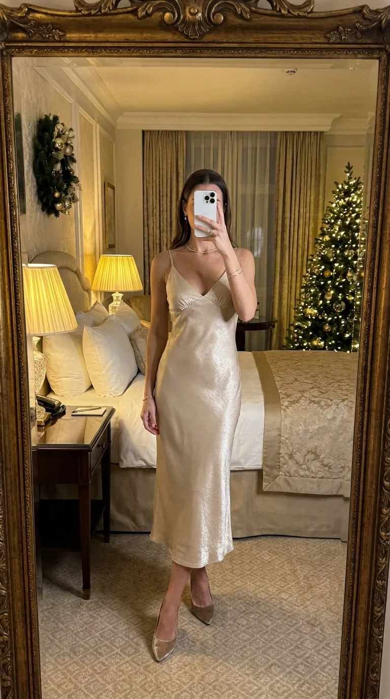 Woman in soft shimmer champagne slip dress and heels in elegant room for New Year Outfit Ideas Parties.