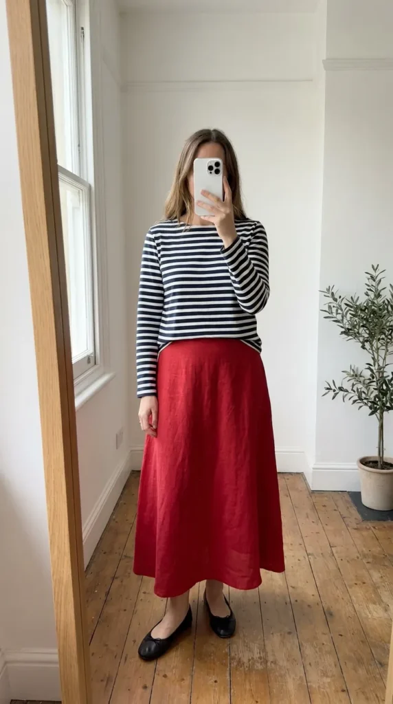 Woman in striped Breton top with long red skirt outfit ideas for this summer standing on wooden floors.