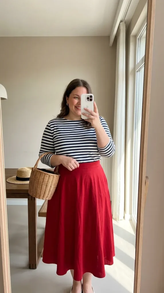 Plus size woman in striped tee and long red midi skirt, casual Long Red Skirt Outfit Ideas for Plus Size women
