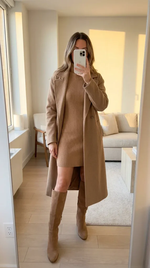 Cozy New Year Eve Outfit Ideas for Women with camel sweater dress, coat and knee-high boots.