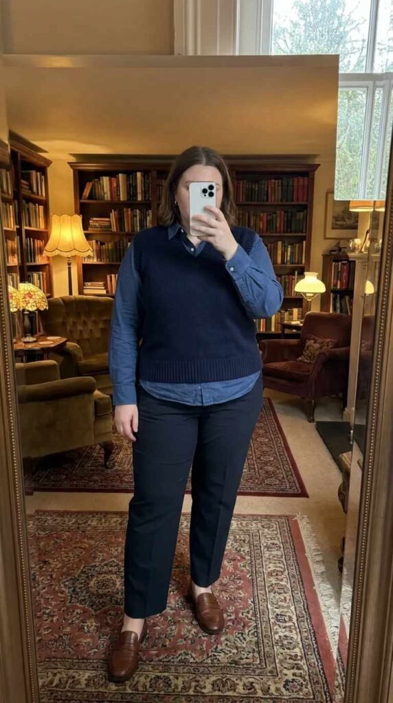 Plus-size woman in sweater vest over button-down as business casual outfit ideas for plus size women.