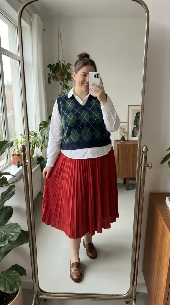 Curvy woman in argyle sweater vest and long red pleated skirt, preppy Long Red Skirt Outfit Ideas for Plus Size women